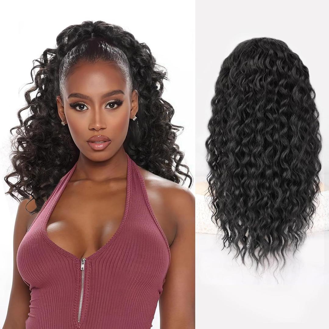 QGZ Ponytail Extension Drawstring Ponytail for Black Women 18 Inch Synthetic Long Afro Curly Fluffy Ponytail for Daily Use(Black)