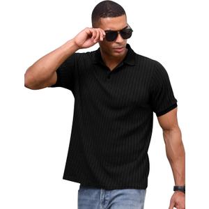 ABAFIP Men's Knit Short Sleeve Polo Shirt Ribbed Knitted Casual Summer Texture T Shirts V Neck Golf Tee (Black, XL)
