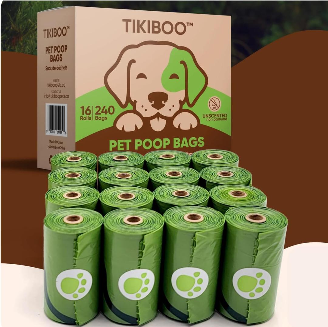 TIKIBOO Dog Poop Bags Refill Rolls 16 Rolls / 240 Counts Unscented For all Dog Size and Cat litter