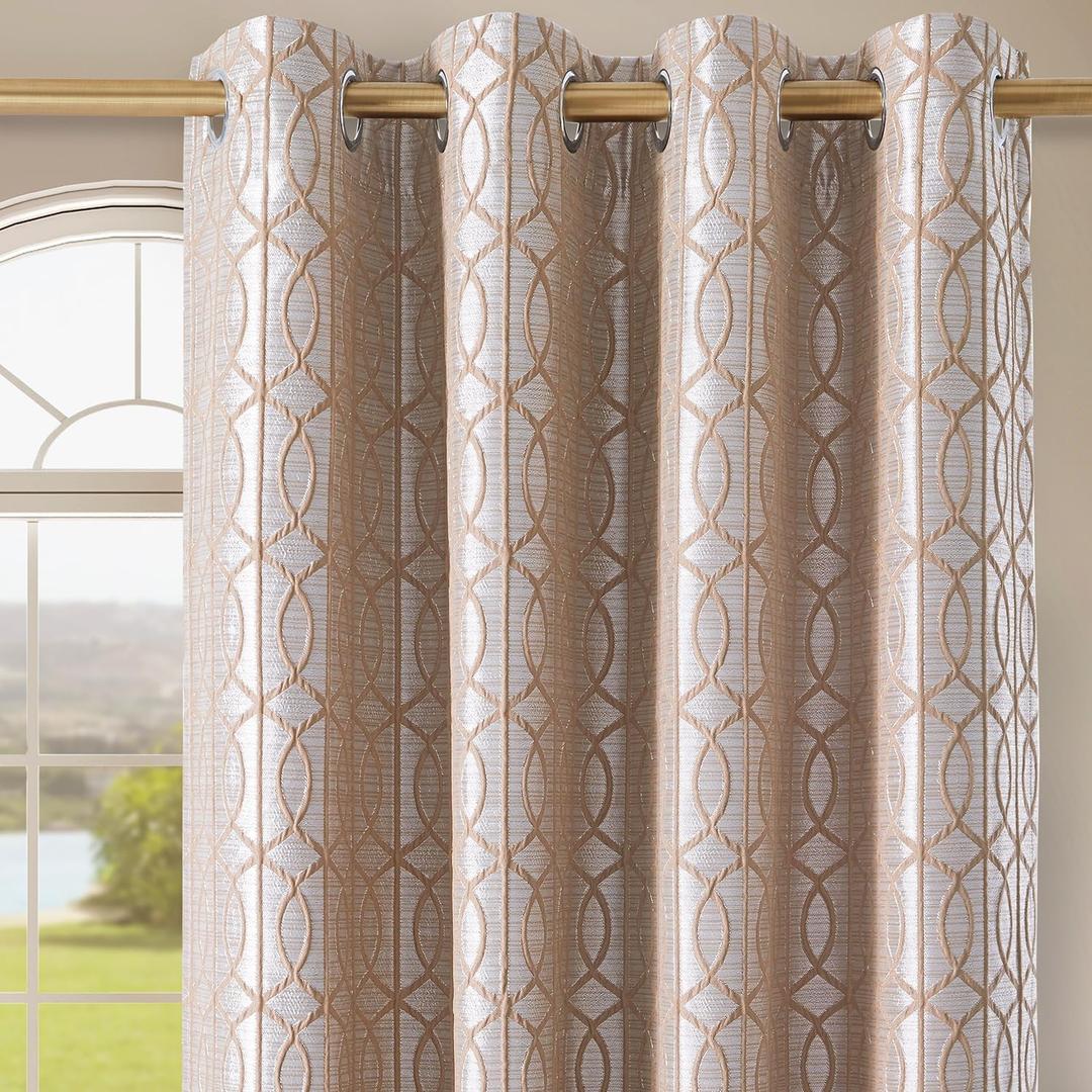 Light Khaki and Silvery 100% Blackout Curtains 96 Inch Length 2 Panels, Jacquard Thermal Insulated Noise Reducing Grommet Drapes for Bedroom Living Room, 2pcs, 52" W x96 L