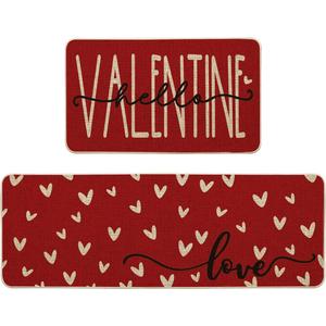 Artoid Mode Red Love Heart Hello Valentine's Kitchen Mats Set of 2, Home Decor Low-Profile Kitchen Rugs for Floor - 17x29 and 17x47 Inch