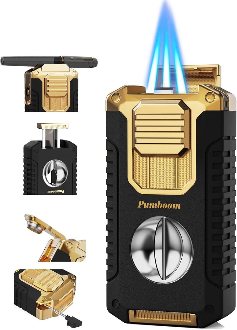5-in-1 Torch Lighter with V Cutter, Punch, Holder, Draw Enhancer Tool, and Triple Windproof Jet Flames, Butane Lighter with Gift Box, Cool Accessories for Men (Butane not Included) (Black & Gold)