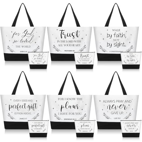 SilTriangle 12 Pcs Gifts for Women Canvas Tote Bags with Inspirational Makeup Bags Christian Gifts for Mothers Church Teacher