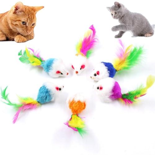 Electspark Cat Toys, 6 Pack Furry Rattle Mouse Toy Interactive Cat Toy with Feather Tail, 6 Assorted Faux Fur Kitten Toy 5.5” Realistic Size Mini Mice Cat Toy for Bored Indoor Adult Cat