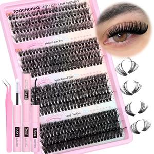 TOOCHUNAG Lash Extension Kit 384pcs Wispy Lash Clusters Kit 30D+40D+50D+60D Mixed Natural Cluster Eyelash Extension Kit 0.05D Individual Lashes with Lash Bond and Seal, Lash Tweezers