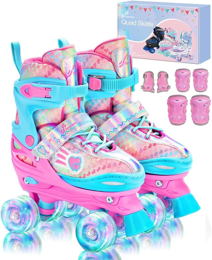 Sportneer Kids Roller Skates, 4 Adjustable Light up Roller Skates for Girls Boys Kids Toddlers Beginners, Kids Skates with Protective Gear Set Gift for Indoor & Outdoor Use (X Small - Toddler, Pink)