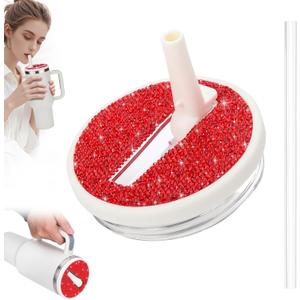 SAVORI 40 oz Tumbler Flip Straw Lid Replacement fit for Stanley Quencher H2.0, Rhinestone 40 oz Leak Proof Lid for Stanley Tumber, Non Spill Lids for Stanley Cup (Cream-Red Rhinestone, 40 oz)