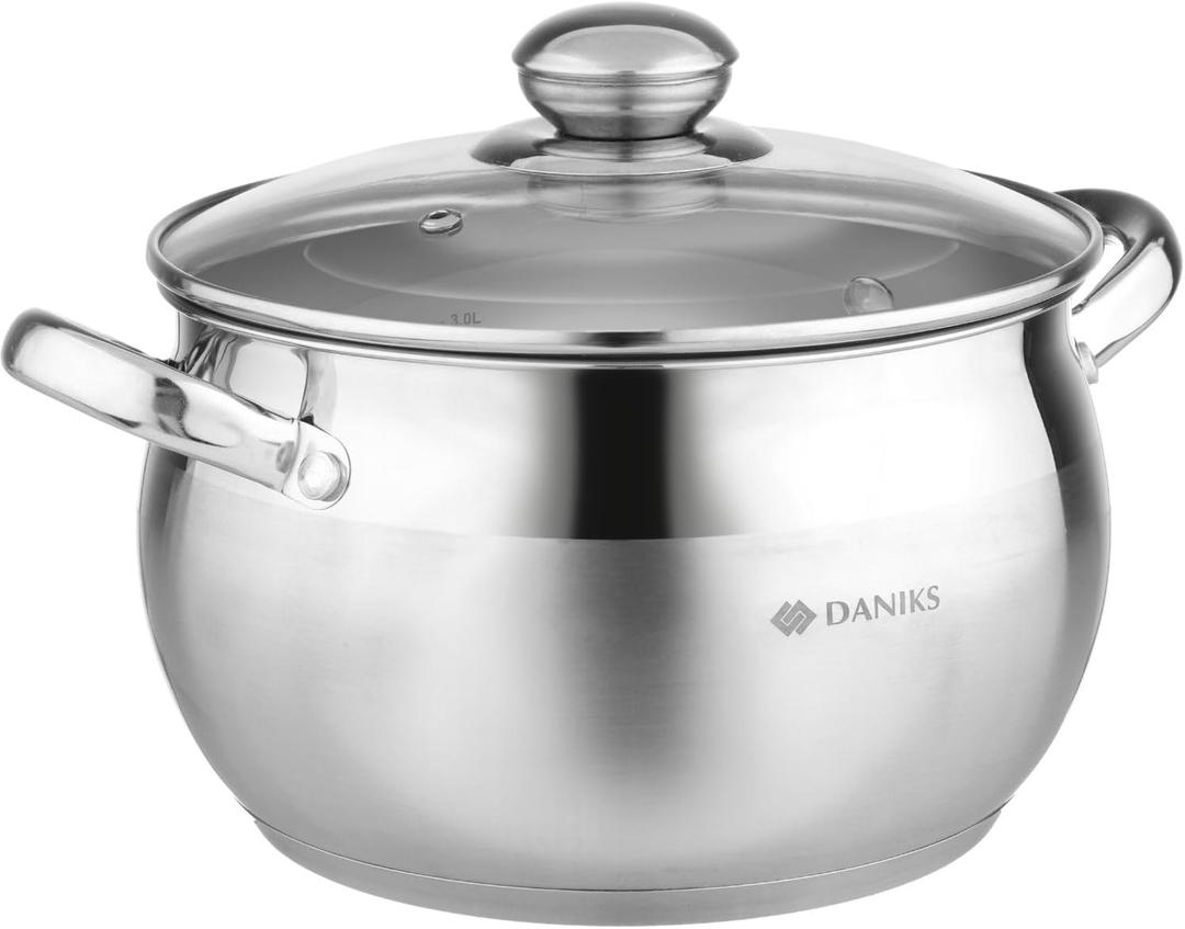 Daniks Classic 4 Quart Stainless Steel Stock Pot with Glass Lid, Tri-Ply Bottom for Even Heating, Induction Compatible, Dishwasher Safe