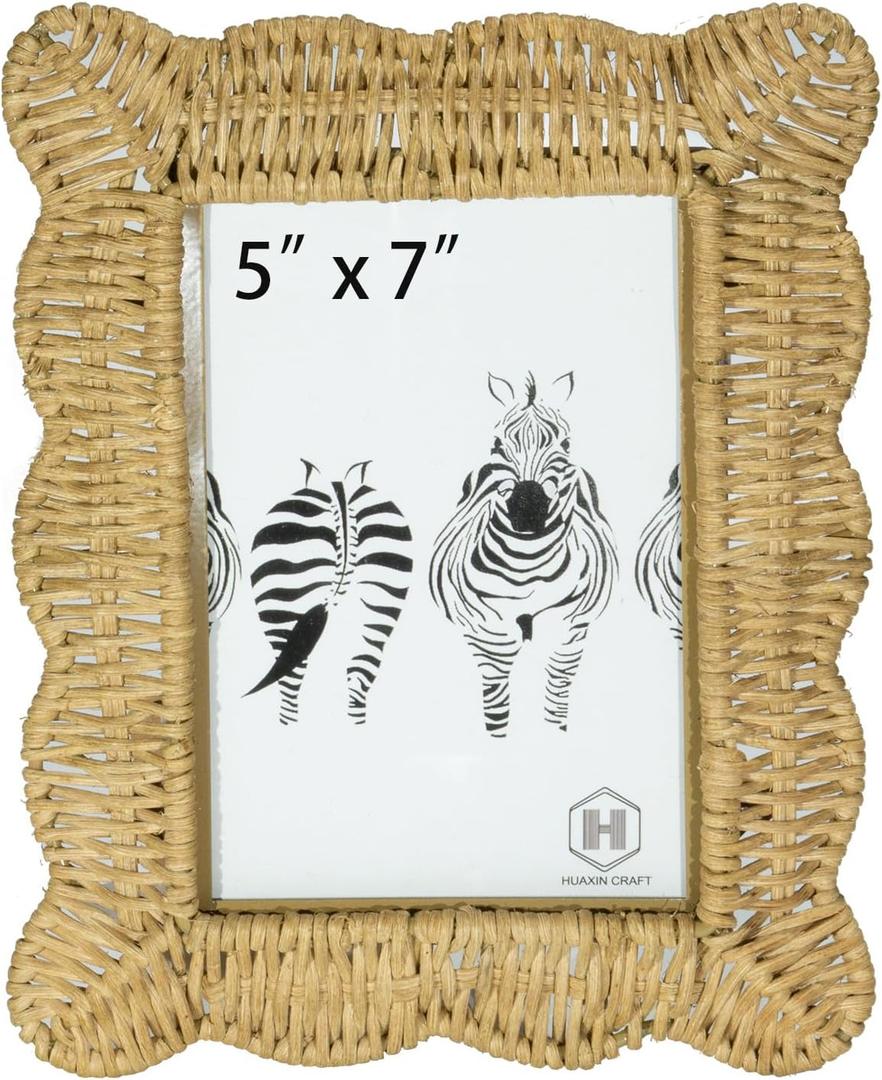Woven Wicker Picture Frame, 5 x 7 inches with Zebra Design, Rattan Photo Frame with Bohe Style for Tabletop Display (5X7)