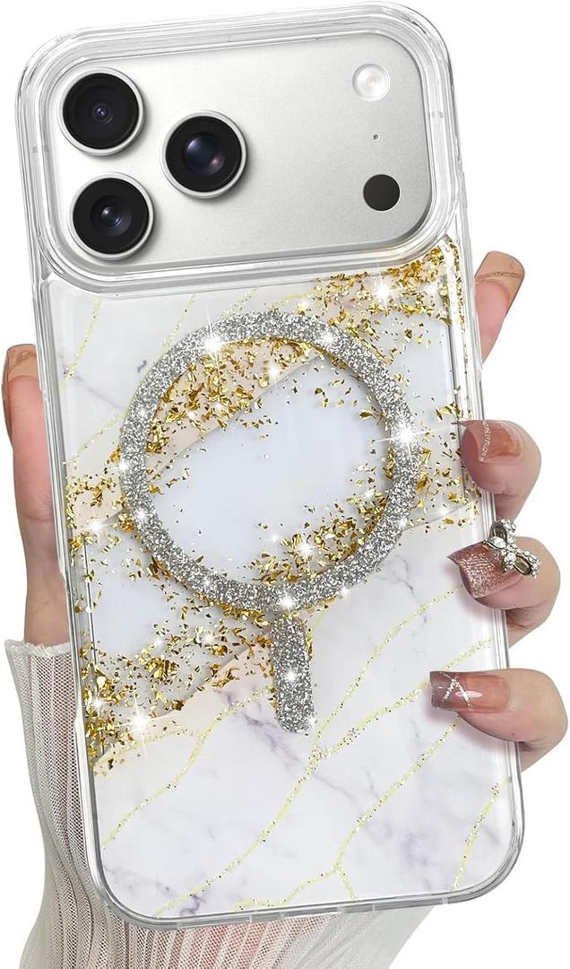 Bonoma for iPhone 17 Pro Case 2025 Magnetic Support for Magsafe Glitter Sparkly Marble Crystal Shockproof Edge Cover -White