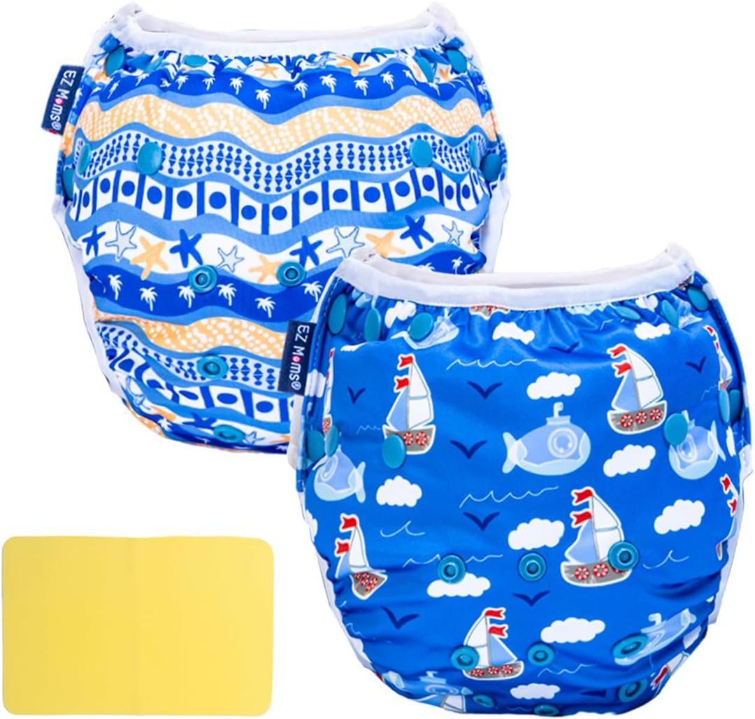 EZ Moms Baby Swim Diapers Reusable 2Pcs Large Size Snap Adjustable Washable One Size Toddler Swim Diaper with a Shammy Towel for Baby Boy Water Diaper Waterproof Swimming Diapers for Swimming Lessons L