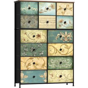 Tohomeor Dresser with Drawers for Bedroom Chest of Drawers Fabric Dresser for Closet,Nursery Entryway Hall Tree TV Stand for Living Room Retro Floral Pattern Drawers Wooden Top (14 Drawers)