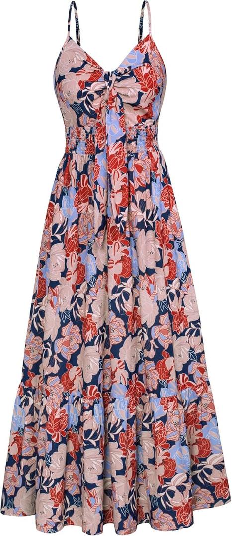 Grace Karin Women's Summer Beach Dress Floral Print V Neck Tie Front Spaghetti Strap Flowy Maxi Dress Bohemian Long Dress, XXL