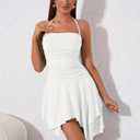 EYNMIN Women's Summer Mini Dress Bodycon Ruched Backless Halter Flowy Ruffle Party Club Short Dresses (White)