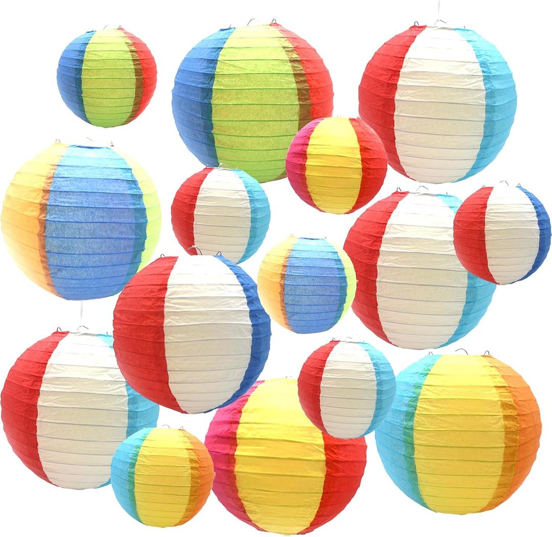 15 Pcs Beach Ball Style Paper Lanterns,Round Paper Lantern to Decorate Pool Party, Summer Party, Birthday Party,Baby Shower Party or School Classroom