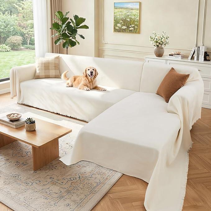 Houmiggle Sectional Couch Covers, 2 Pieces Washable L Shaped Couch Covers Sofa Blanket for Dogs Pet Friendly Sectional Sofa Slipcovers Furniture Covers,71"x118"+91"x134",(XXXLarge,Cream White)