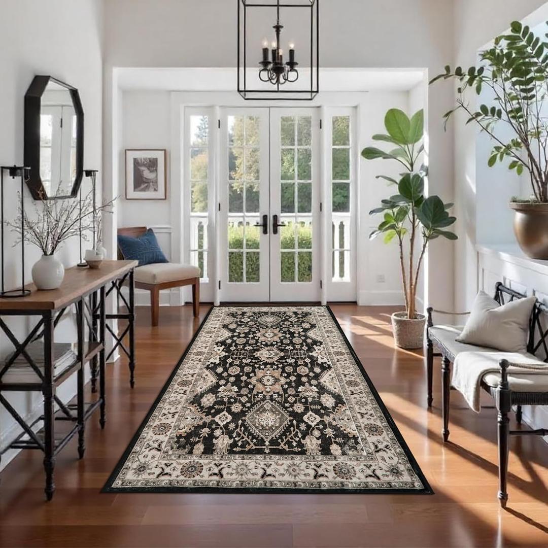 TOPRUUG Washable Hallway Runner Rug 4x8: Non Slip Runner Rugs with Rubber Backing Soft Kitchen Rug Farmhouse Distressed Carpet Runner for Living Room Bedroom Bathroom (Black/Green, 4X8)