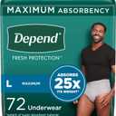 Depend Fresh Protection Adult Incontinence Underwear for Men, Disposable, Maximum, Large, Grey, 72 Count (2 Packs of 36), Packaging May Vary