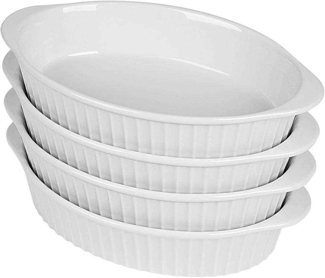 LEETOYI Porcelain Small Oval Au Gratin Pans, Set of 4 Baking Dish Set for 1 or 2 person servings, Bakeware with Double Handle for Kitchen and Home, White