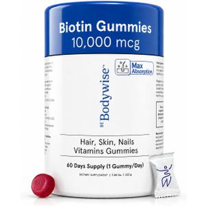 Be Bodywise Biotin 10000mcg Gummies | Hair Nail and Skin Vitamins | Biotin for Hair Growth for Women | Refined Sugar Free | 60 Day Pack (1 Gummy/Day) | Max Absorption
