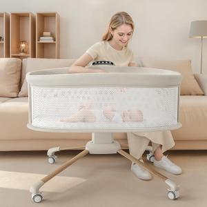Electric Smart Soothing Baby Bassinet with 5 Rocking Speeds, 3 Timer Modes, 12 Soothing Musics, 3 Adjustable Heights, Breathable Mesh Sides and Mosquito Net (Beige)