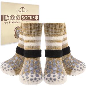 PUPTECK Non Slip Dog Socks to Prevent Licking for Hardwood Floors, Shoes for Hot Pavement Summer Dogs Traction Control Booties Paw Protectors Boots Cold Winter (Medium(2 Pair), Khaki)