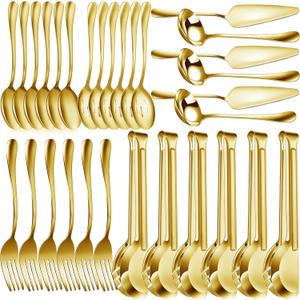 Thenshop 30 Pcs Stainless Steel Serving Utensils Set Flatware Set Include Large Serving Spoons Slotted Spoons Forks Soup Ladle Pie Server and Tongs for Buffet Party(Gold)