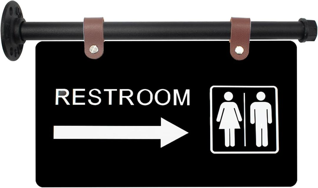 Double-Sided Acrylic Restroom Sign Wall-Mounted Unisex Bathroom Sign with Arrow, Hanging Toilet Corridor Plaque with Metal Brackets for Home, Office, Businesses Hallway, 11 x 6 Inch