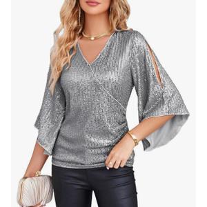 GRACE KARIN Womens Sparkly Sequin Tops,3/4 Sleeve Glitter Party Dressy Blouse,V-Neck Disco Evening Club Concert Shirt, Size L