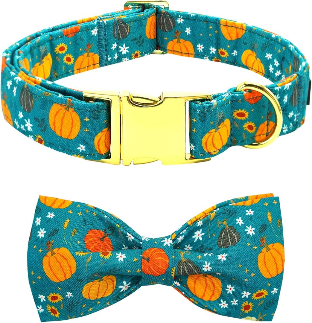 Dog Collar Autumn Pumpkin Print Pet Collar Fall Soft Cute Puppy Collar with Bow Tie Adjustable Metal Buckle Collar Gift for Medium Dogs (Medium (Pack of 1))