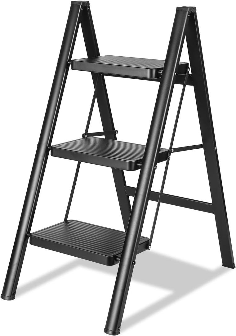 3 Step Ladder, Folding Step Stool for Adults with Wide Anti-Slip Pedal, Lightweight, Perfect for Kitchen& Household, Library Office,330lbs Capacity Sturdy Steel Ladder,Black