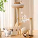 HITTITE Solid Wood Cat Tree Tower with Scratching Post, 37.8 Inches Tall Cat Towers with Scratching Board and Scratcher Ball, Modern Cat Tower With Space Capsule and Removable Top Bed for Indoor Cats. (White)
