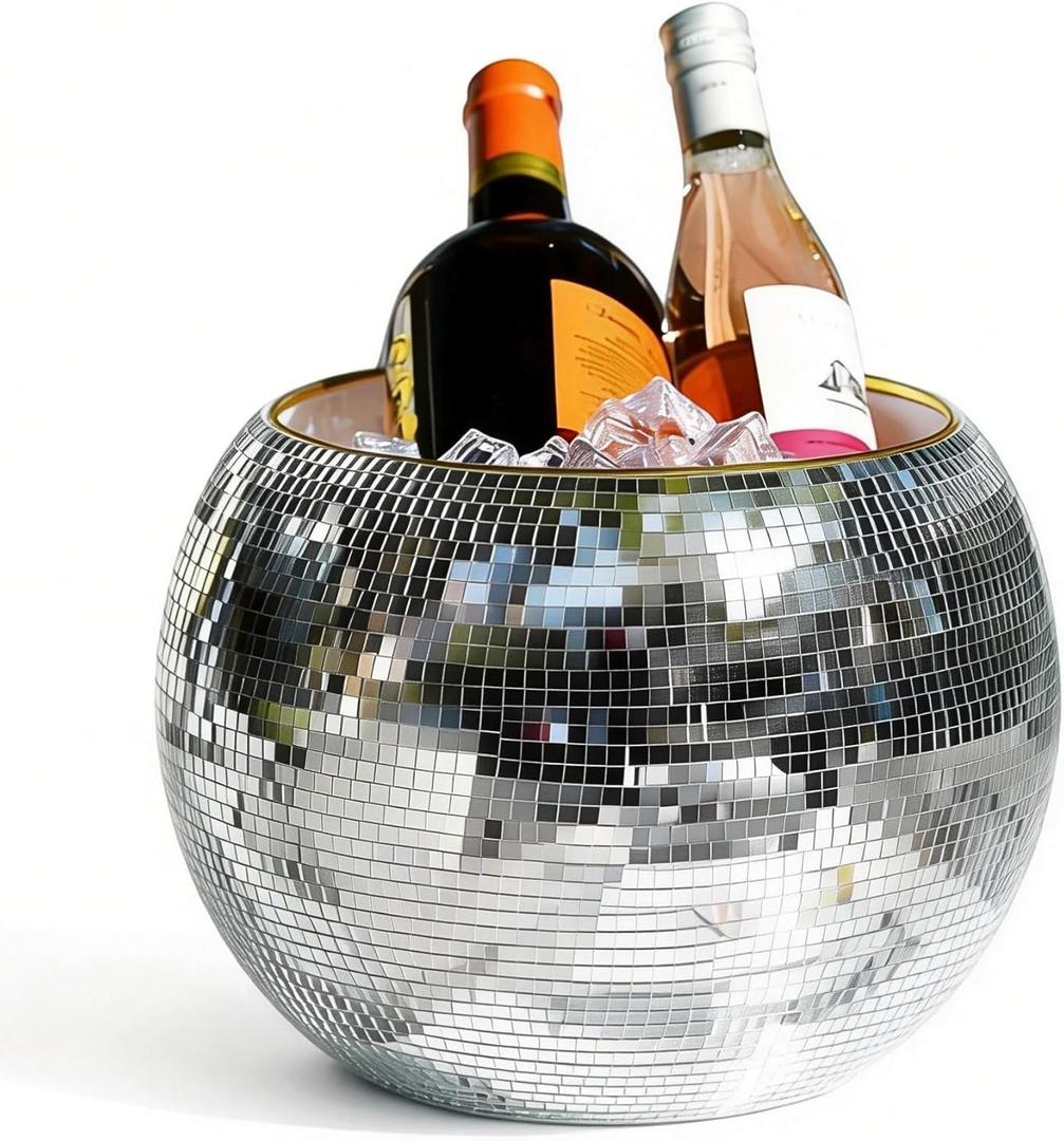 Disco Ice Bucket for Parties - 9.8 Inch Disco Ball Theme Party Decorations, Mirror Sliver Disco Ball Decor,Dazzling Stylish Beverage Chiller for Cocktail Bar, Cooler for Wine Beer (Large)
