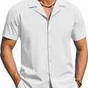 COOFANDY Mens Short Sleeve Shirts Casual Button Down Shirts Cuban Textured Summer Beach Shirts (White, XL)