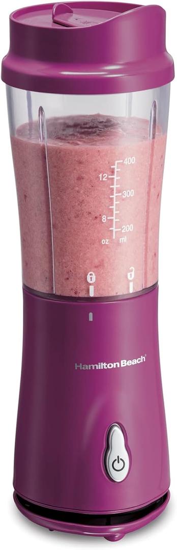 Hamilton Beach Portable Blender for Shakes and Smoothies with 14 Oz BPA Free Travel, Cup and Lid, Durable Stainless Steel Blades for Powerful Blending Performance, Raspberry (51131)