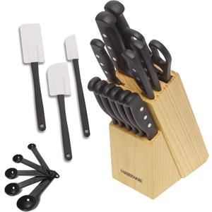 Farberware 22-Piece Never Needs Sharpening Triple Rivet High-Carbon Stainless Steel Knife Block and Kitchen Tool Set, Black, Durable ANDPrecision Cutlery