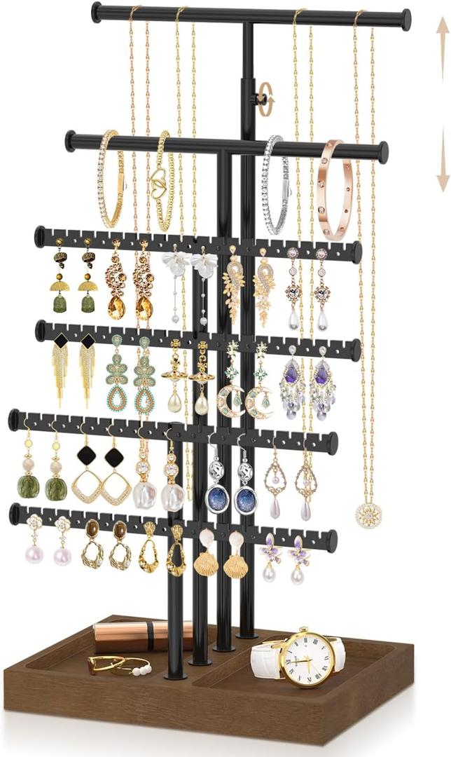 EsLuker.ly Necklace Earring Holder Organizer Display Jewelry Tree Stand | Adjustable Rack with Stable Wooden Storage Base for Women Vendors, 6 Tier Large Bracelet Bangle Tower, Stress-Free Mornings