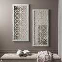 Set of 2 13x30 Inch Large Grey Shatterproof Carved Floral Wood Frame Wall Mirrors, Boho Farmhouse Rustic Accent Mirrors for Living Room Bedroom Bathroom & Home Decor