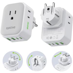 EPICKA Hybrid Travel Plug Adapter, 2 Packs Foldable & Detachable Type EF VisaPlug, 8-in-1 International Power Adapter with 4 USB Ports (2 USB-C PD 20W), Travel Essentials for US to German France