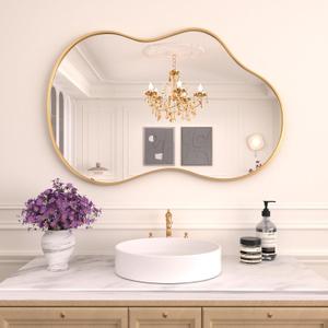 WEER Irregular Wall Mirror, 24x36 inch Gold Asymmetrical Wall Mounted Mirrors Decorative, Abstract Wavy Aluminum Alloy Frame for Bathroom, Bedroom, Living Room, Entryway