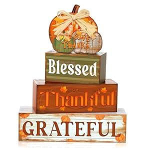 4 Pcs Fall Thanksgiving Decor for Home Thanks Pumpkin Wooden Signs with Blessed Autumn Tiered Tray Decor Give Thanks Tabletop Centerpiece Grateful Block Signs for Fall Office Kitchen Shelf