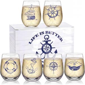 Remerry 7 Pcs Nautical Themed Stemless Wine Glasses with Gift Box Assortment Wine Glasses for Summer Party Favors Coastal Lovers Gifts Bulk for Women Men Birthday Fathers Day
