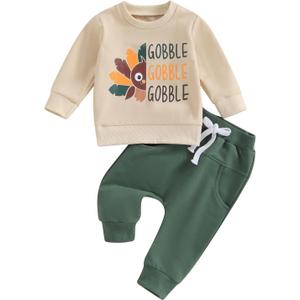 FIOMVA Toddler Baby Girl Boy Thanksgiving Outfits, Long Sleeve Turkey Sweatshirt Top+Pant Clothes Set (Thanksgiving Gobble Beige, 6-12 Months)