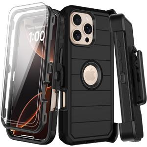 for iPhone 16 Pro Case with Belt Clip Holster,2X Screen Protectors,Heavy Duty Shockproof Drop Protection Military Grade 3 Layers Full Covered Rugged Durable Phone Cover with Kickstand 6.3“ (Black)
