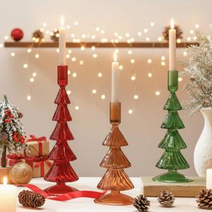 Mumufy 3 Pcs Christmas Tree Taper Candle Holder Christmas Glass Candlestick Holders Xmas Tree Candle Stick Vase for Xmas Centerpiece Festival Party Table Decor