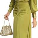 Womens V-Neck Long Sleeve Ruched Bodycon Dress Elegant Formal Cocktail Party Evening Maxi Dresses (Green, S)