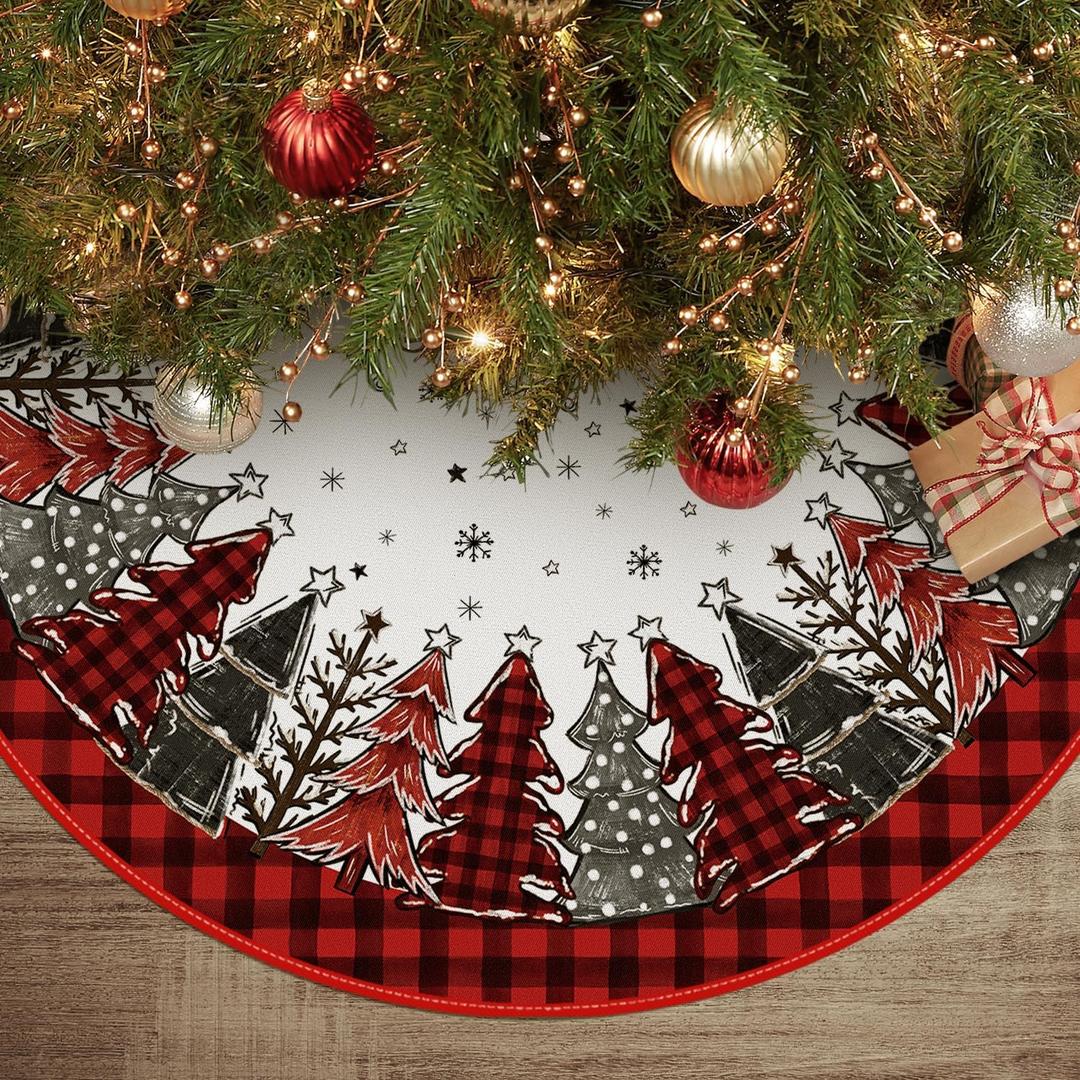 AVOIN colorlife Buffalo Plaid Christmas Tree Skirt 48 Inch, Winter Holiday Tree Mat Decoration, Red