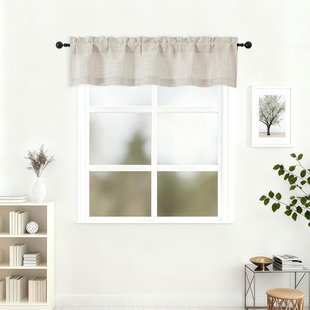 Lecloud Natural Valances for Windows 12 Inch Length, Rod Pocket Light Filtering Faux Linen Textured Short Kitchen Curtains, Soft Airy Farmhouse Drapes for Cafe Bathroom, 52" W x 12" L 1 Panel