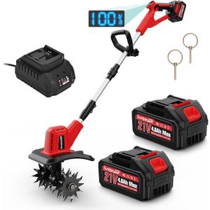 Electric Cordless Tiller Cultivator - 360RPM Small Portable Battery Powered Rototiller with 2 x 4.0AH Batteries & Charger & 48 Steel Tines for Gardens Lawn Gardening Soil Cultivation