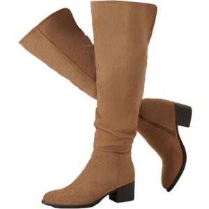 Shoe'N Tale Women's Over The Knee Thigh High Boots Chunky Block Heel Pointed Toe Slouchy Side Zipper Fall Weather Winter Boots (Brown)